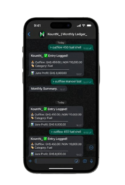 KountN WhatsApp chat: log outflows and see your monthly profit
